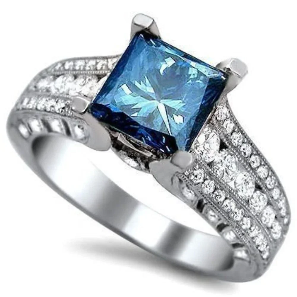 💞 Beauty Pure Blue Zircon Princess Cut Three Layer Cubic Rings Women, PD…